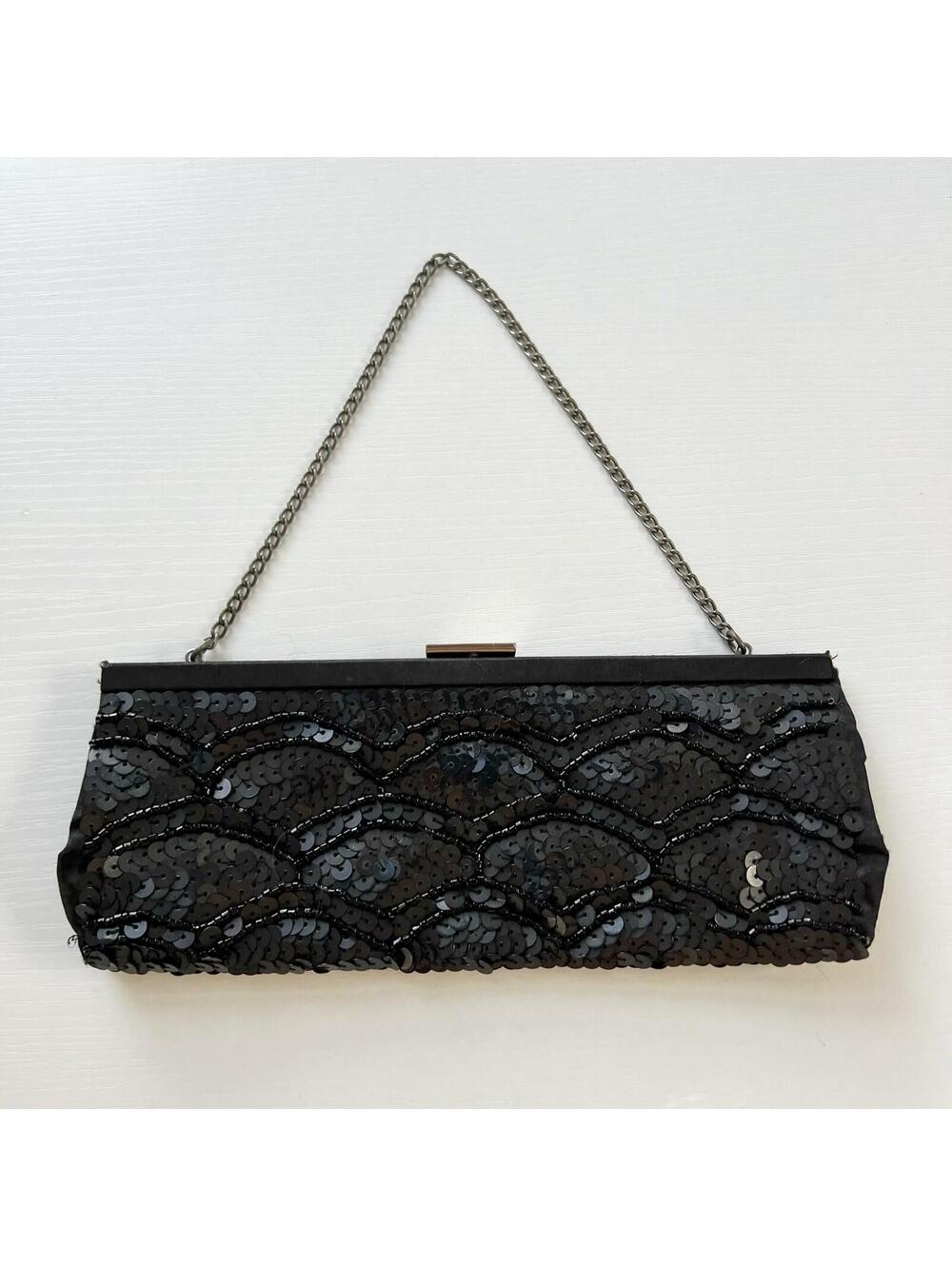 Vintage Banana Republic Black Sequin Clutch Evening Bag Beaded Chain Strap Purse